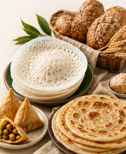 Vellappam, samosa, paratha and bakery products